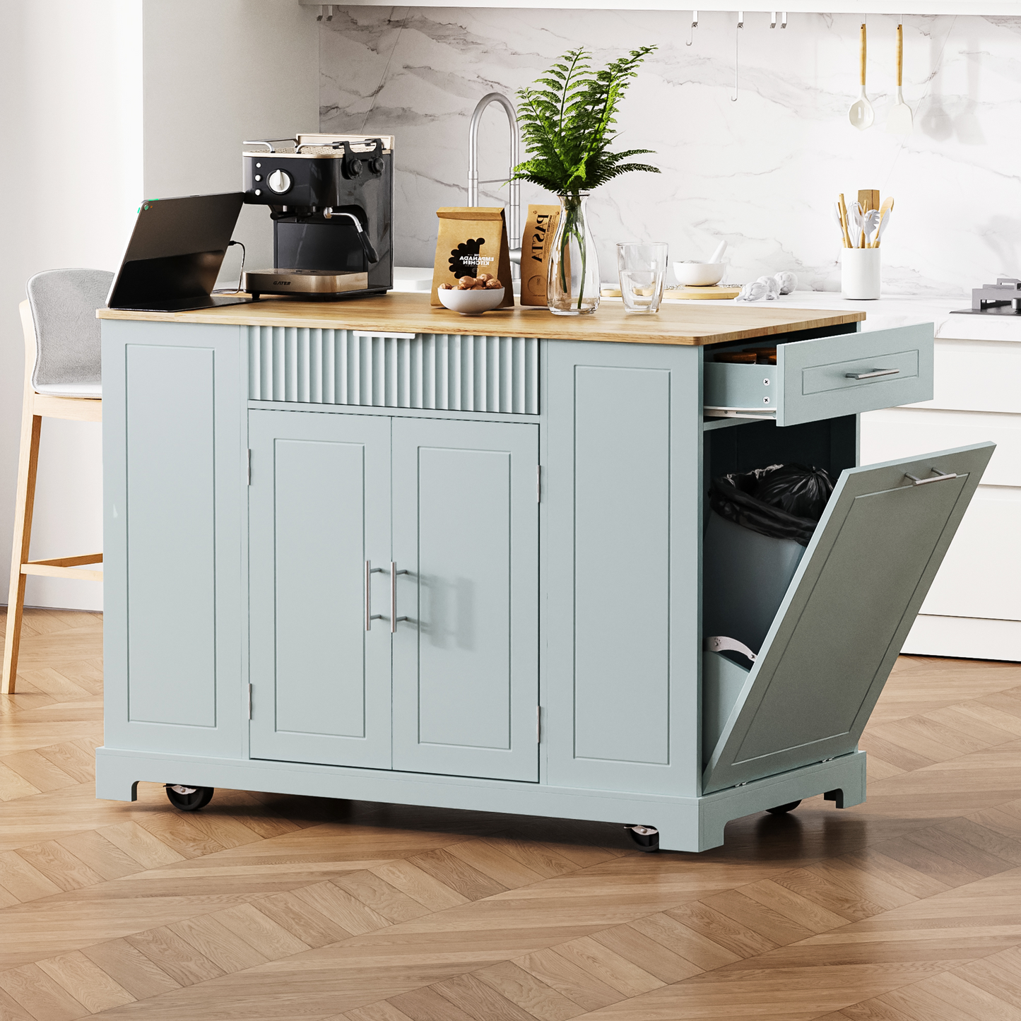 K&K Fluted Kitchen Island With Trash Can Storage Cabinet, Power Outlet, Internal Storage Rack, Rolling Kitchen Islands On 5 Wheels With 3 Drawer, 3 Open Side Racks For 10 Gallon Garbage Bin,Grey Blue