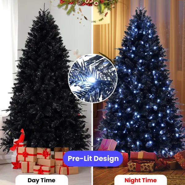 Artificial 7ft Black LED-lit Christmas Tree With 1916PE&PVC Mixed Branch Tips,Hinged Premium & Foldable Base For Indoor Holiday Decorating