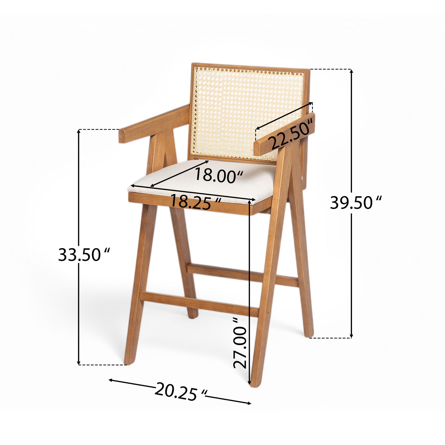27 Height, Cream Woven Cane Plastic Backrest Bar Stool - Foam-Padded Fabric Seat & Durable Rubberwood Frame