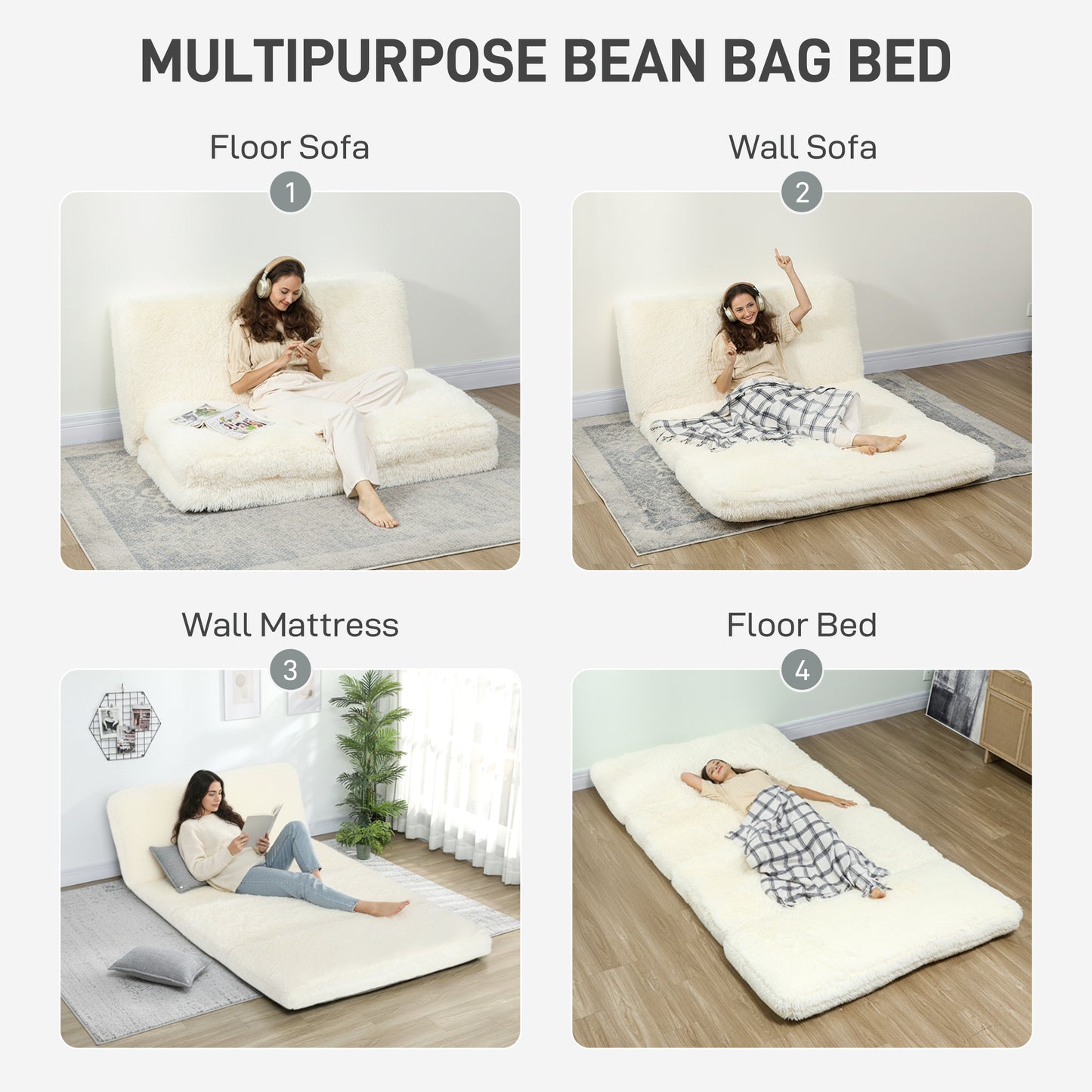 Bean Bag Floor Sofa Bed, Contemporary Plush Wide Folding Floor Mattress, Foam Filling Wall Couch Sleeper, Cream White