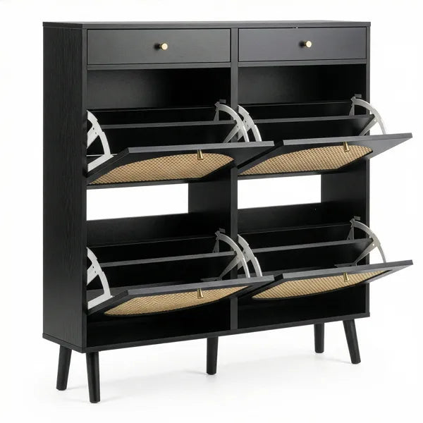 Rattan Shoe Cabinet With 2 Drawers And 4 Flip-tops, Made Of Particleboard, 105*24*110cm, Black