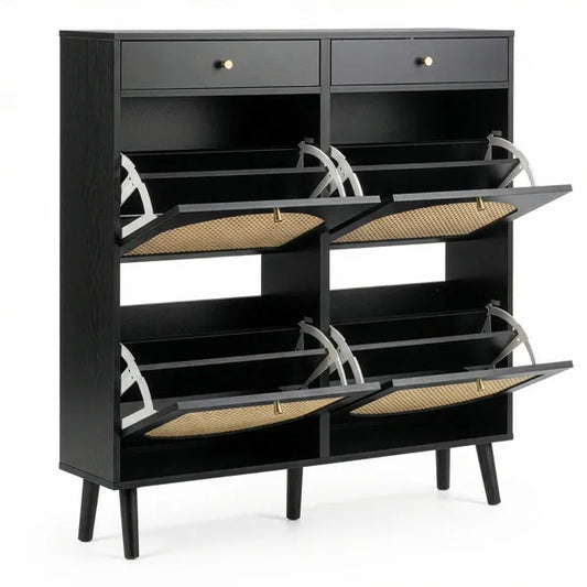 Rattan Shoe Cabinet With 2 Drawers And 4 Flip-tops, Made Of Particleboard, 105*24*110cm, Black