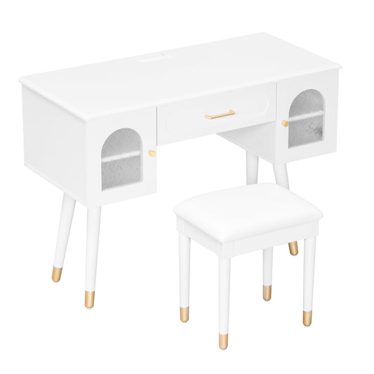 Elegant Vanity Makeup Table & Chair Set, Modern Dressing Table With Organizer, Writing Desk, Charging Port, White