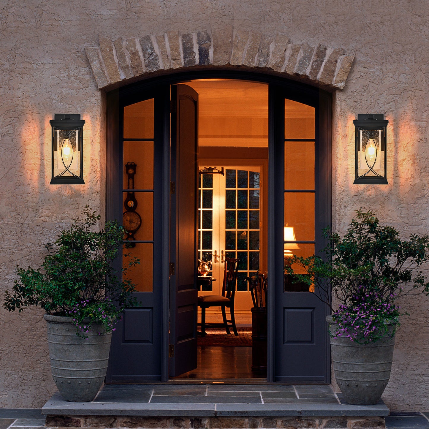 14 H 1-pack Black Outdoor Wall Lantern With Crackled Glass, Weather-Resistant Exterior Light Fixture For Porch, Patio, And Entryway, Modern Decorative Wall Sconce With E26 Base Bulb Not Included