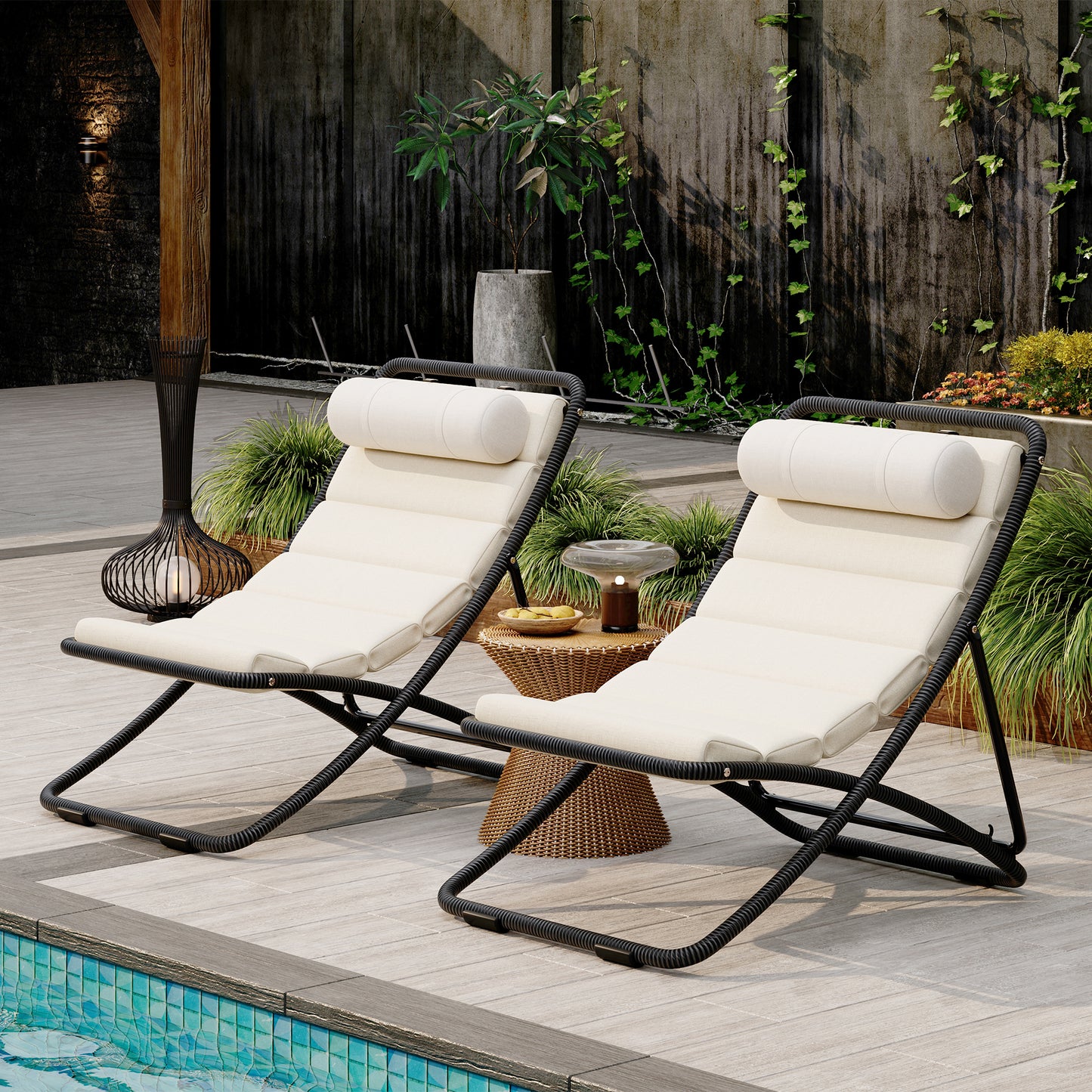 TREXM 2-Pieces Outdoor Folding Chair  Rattan-Wrapped Patio Chair With Adjustable Backrest  Thick Cushion  And Detachable Headrest  For The Poolside  Beach  Backyard  Decck  And Camping  Black