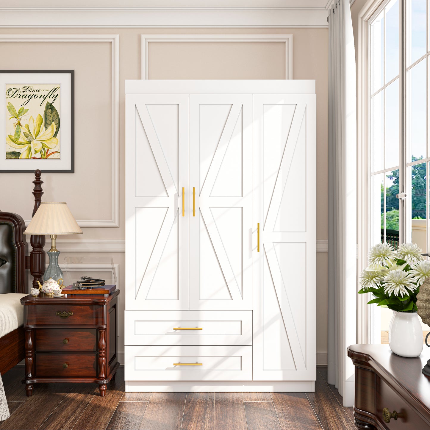 Shaker Style Classic Three-Door Wardrobe, Wood Bedroom Armoire With Hanging Rod And Shelves, Spacious Storage Closet, Modern Farmhouse Design