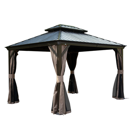 10  X 12  Hardtop Gazebo, Upgraded Metal Gazebo With Drainage System, Dual-Layer Galvanized Steel Roof, Curtain And Netting, Outdoor Shelter Canopy For Patio, Garden, And Backyard, Brown