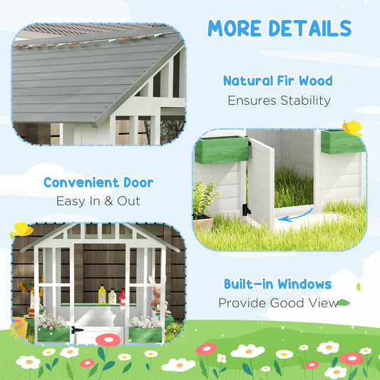 Kids Wooden Playhouse, Outdoor Garden Games Cottage With Flowers Pot Holder, Working Door, Windows, White