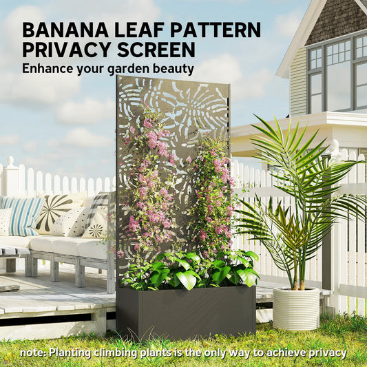 Metal Planter Box With Trellis, 71" Tall Raised Garden Bed With Privacy Screen And Drainage Holes, Banana-Leaf Cut-Outs