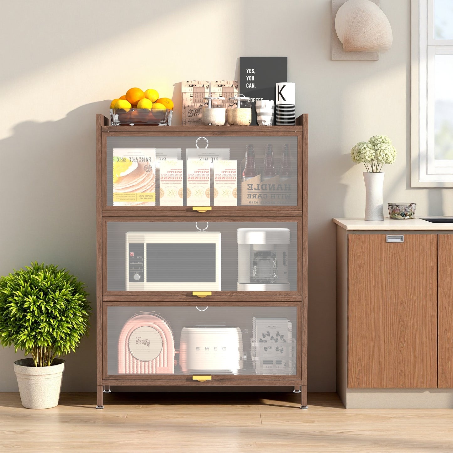 44'' Tall Metal 3 Flip Doors Cabinet, With Ample Storage Space For Bedroom, Office, Living Room, Hallway, Entryway Walnut