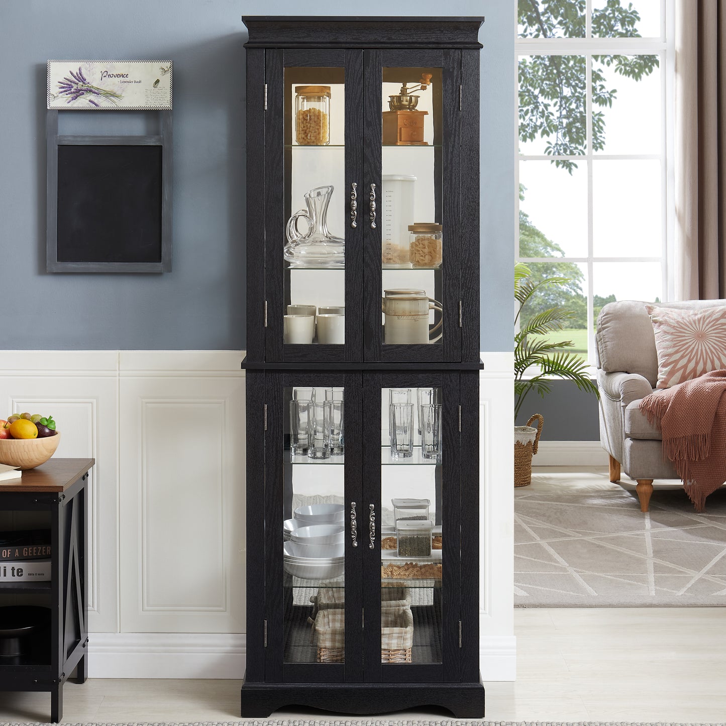 Lighted Glass Curio Display Cabinet,Display Cabinet,Glass Storage Cabinet Glass Wine Cabinet Wood Frame Toy Display For Living Room, Kitchen, Pantry Light Bulb Included BIACK
