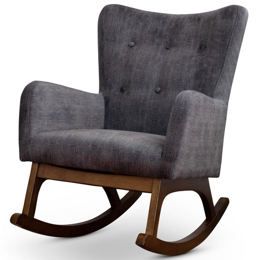 Alistair Solid Wood Rocking Chair With Stain Resistant Fabric In Brown And Dark Gray, 36x26x36.5 Inches For Living Room, Nursery, Bedroom