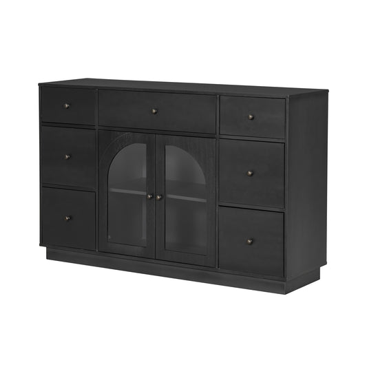 Cabinet With Storage For Living And Dining Room Entrance, Large Size, 2 Doors And 7 Drawers, Black