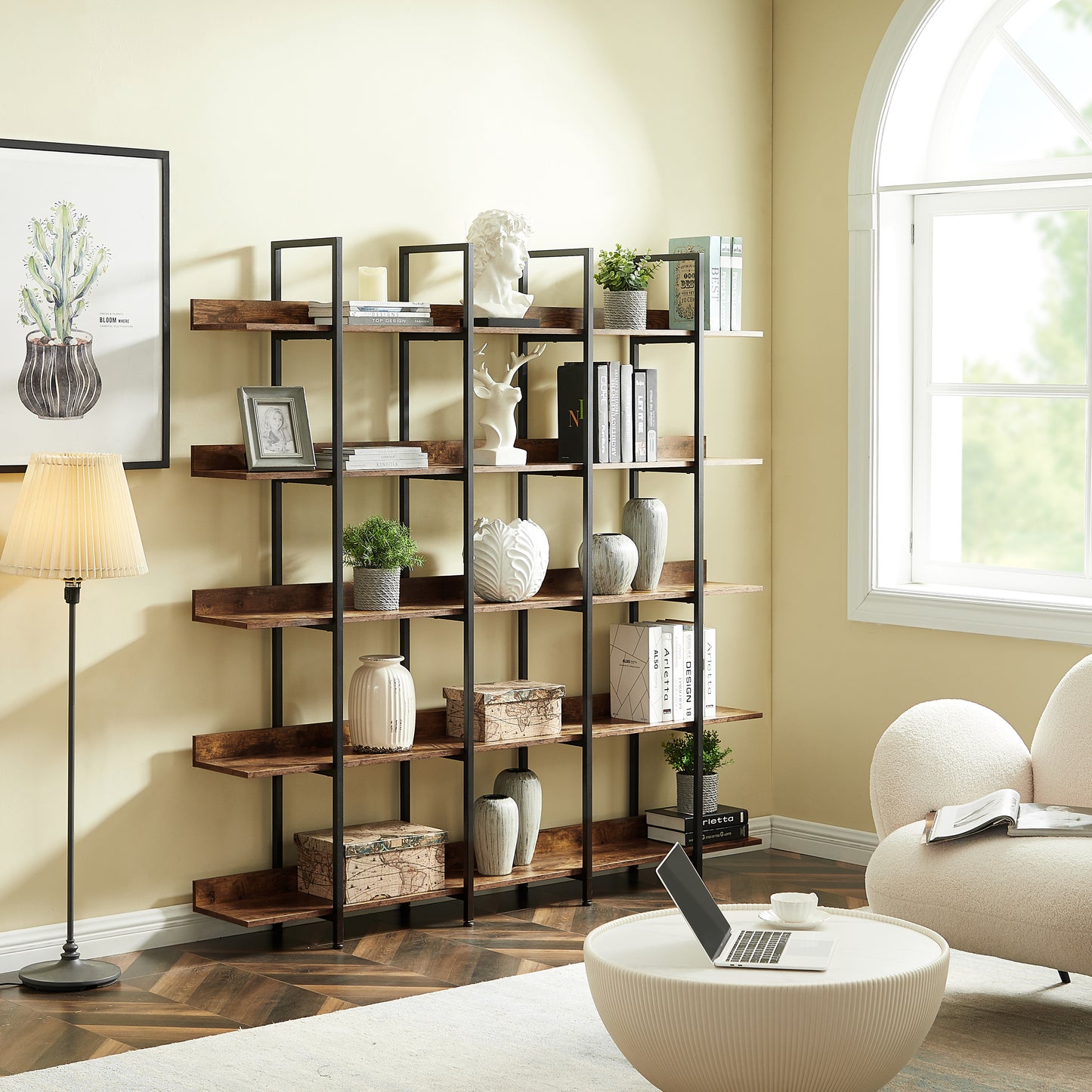 5 Tier Bookcase Home Office Open Bookshelf, Vintage Industrial Style Shelf With Metal Frame, MDF Board