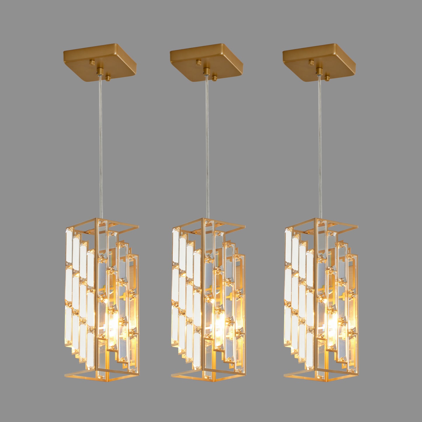 4in Modern Crystal Pendant Light - 3 Pack, Adjustable Hanging Ceiling Lamp With Crystal Prism Design For Dining Room, Kitchen Island, And Living Room -Golden Finish