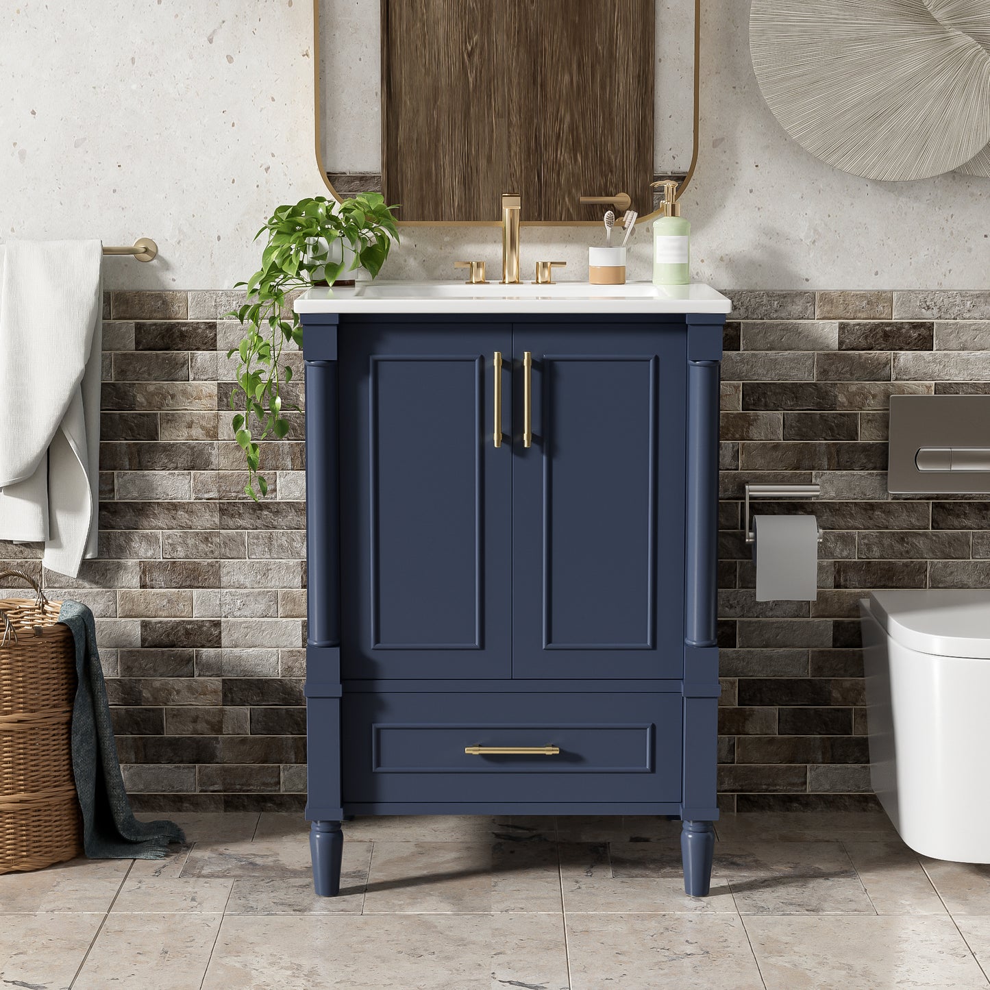24   Modern Bathroom Vanity With Ornate Motif Design & Soft-Close Hinges,  Bathroom Cabinet With Drawer And Back Open Structure, Ornately Carved French Cylinder Legs