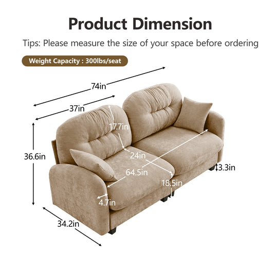 Loveseat Cloud Sectional Couches Chenille Fabric,Quilted Pleated Design, Ergonomic Design,High-Density Foam Easy Install Elegant Armrests High Quality Wooden Base,Fits Living Rooms,Camel