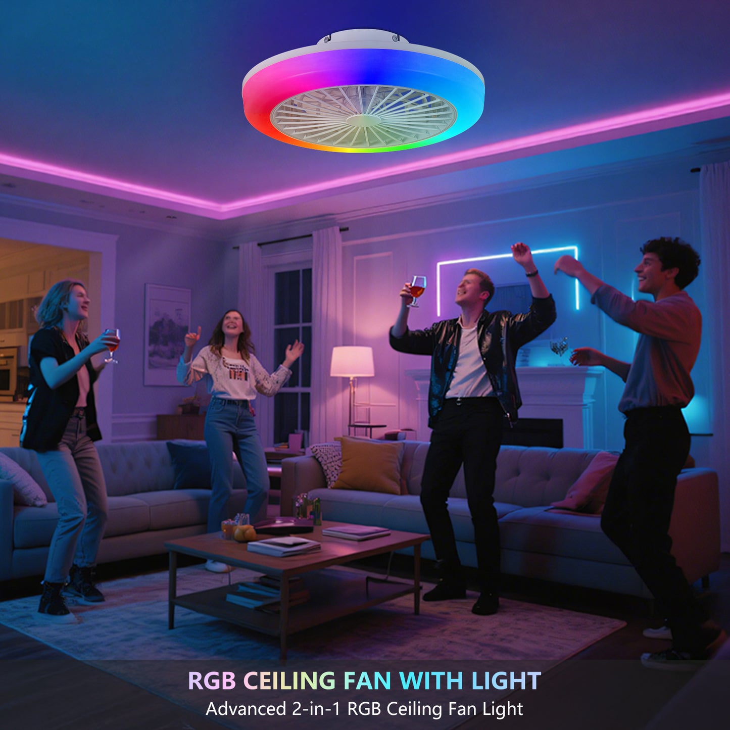 18 Inch Ceiling Fan With RGB Light Remote, Smart LED Ceiling Fans With Remote App Control, Modern Low Profile Dimmable Light Ceiling Fan For Bedroom Living Room White
