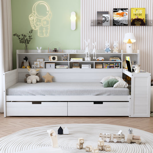 Wooden Twin Size Daybed With Storage Shelves, Multi-functional Bed With Two Storage Drawers And  Study Desk, Antique White