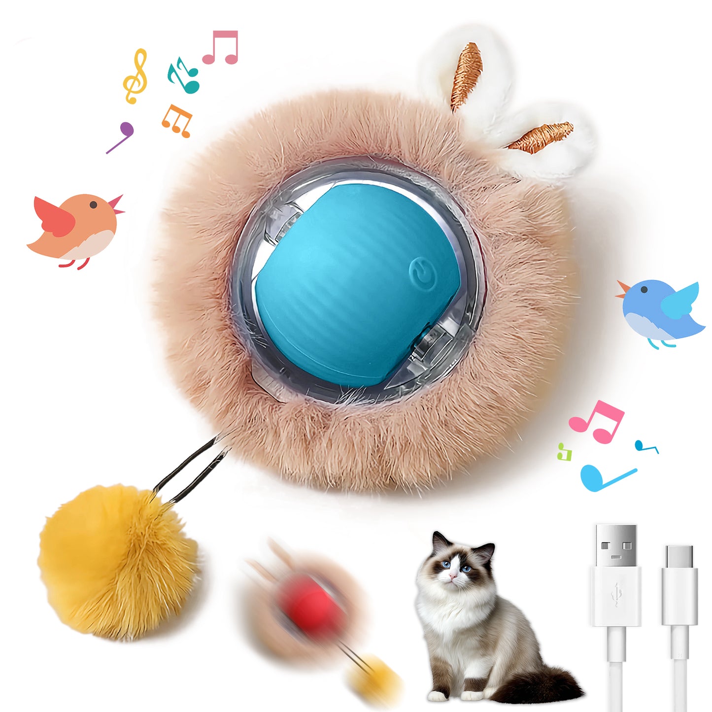 Interactive Toys Ball For Cats, Dog,Agile Moving Cat Ball ,Motion Activated Automatic Moving Ball With Lights,with Fluffy Tail And Bunny Ears For Indoor Pets