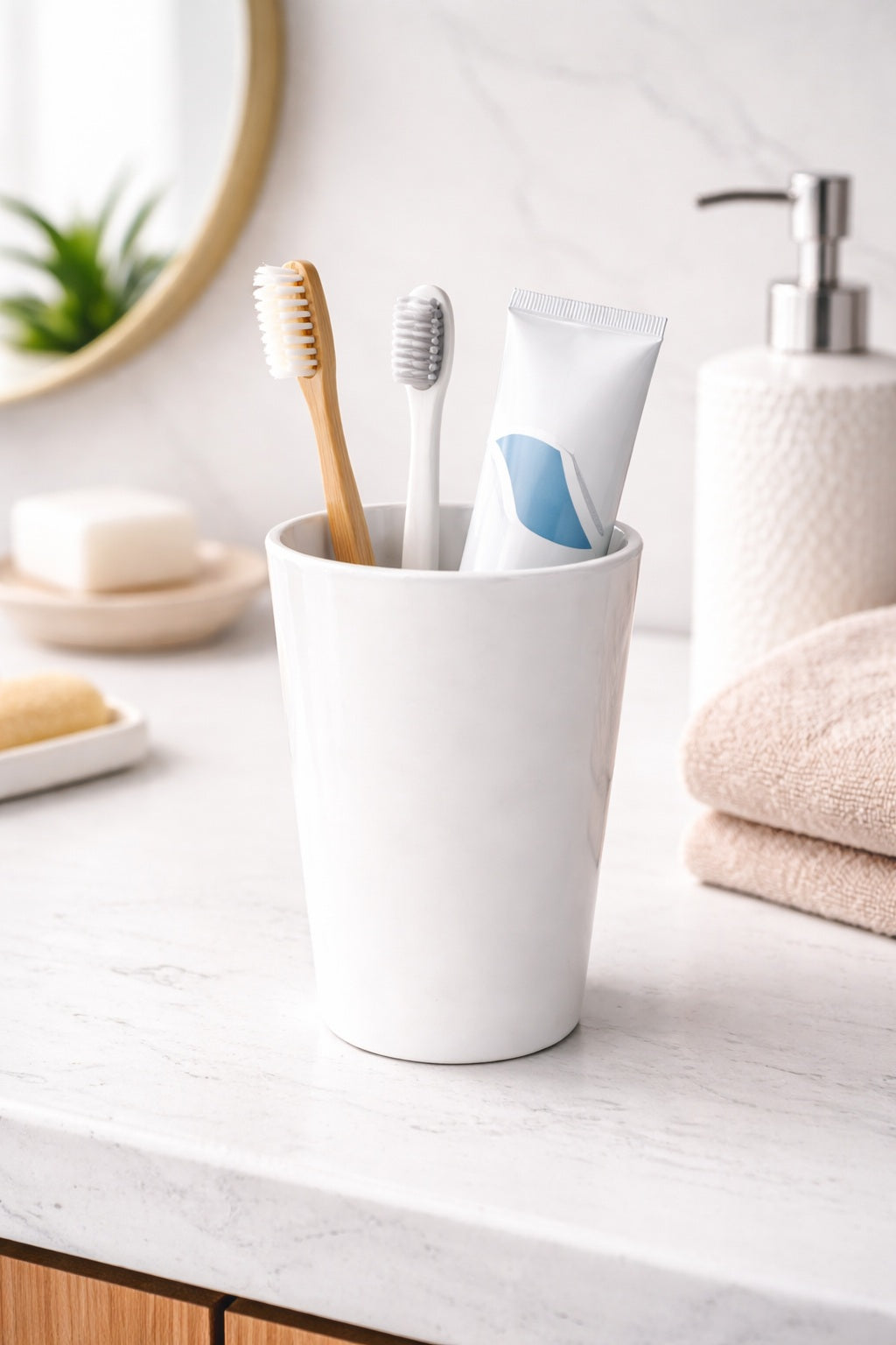 Resin Bathroom Tumbler Cup Decorative Rinse Cup,Drinking Glass,Toothbrush & Makeup Brush Holder For Vanity Countertops,Sink & Desk White