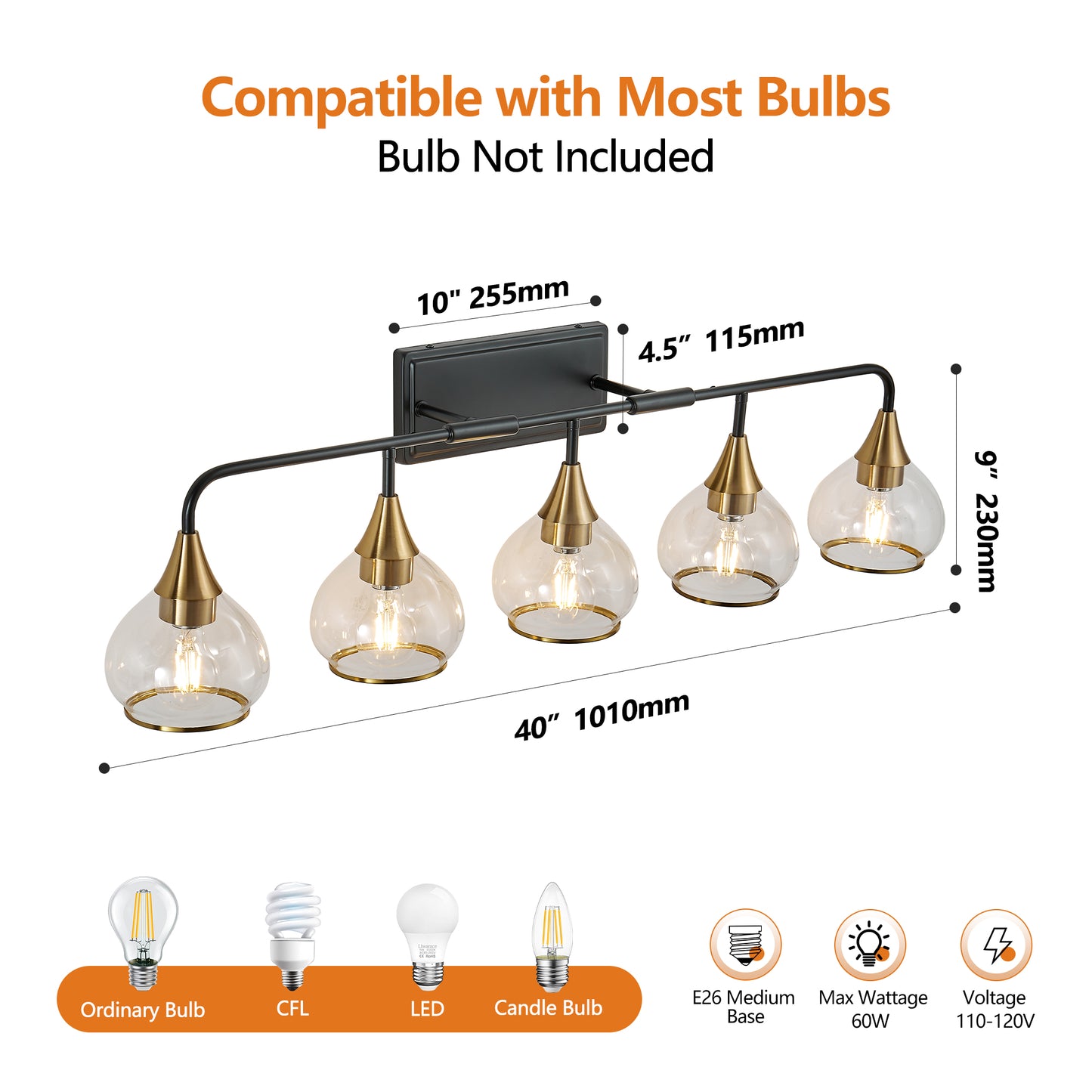 40in Modern 5-Light Vanity Wall Sconce - Black And Gold Bathroom Light Fixture With Clear Glass Shades, Industrial Wall Mounted Lamp For Mirror, Vanity, And Living Spaces  Bulb Not Included