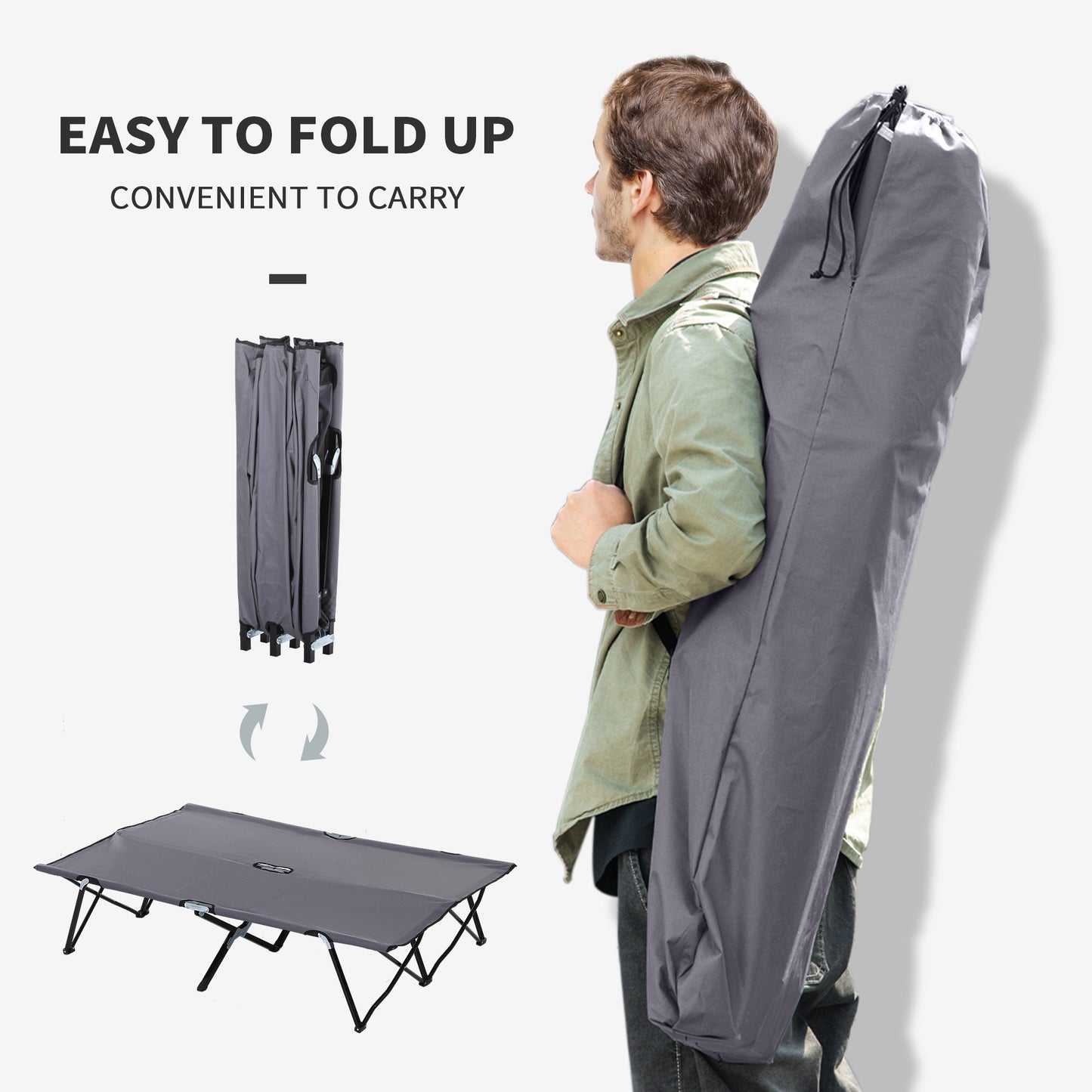 2 Person Folding Camping Cot For Adults, 50" Extra Wide Outdoor Portable Sleeping Cot With Carry Bag, Elevated Camping Bed, Beach Hiking, Grey