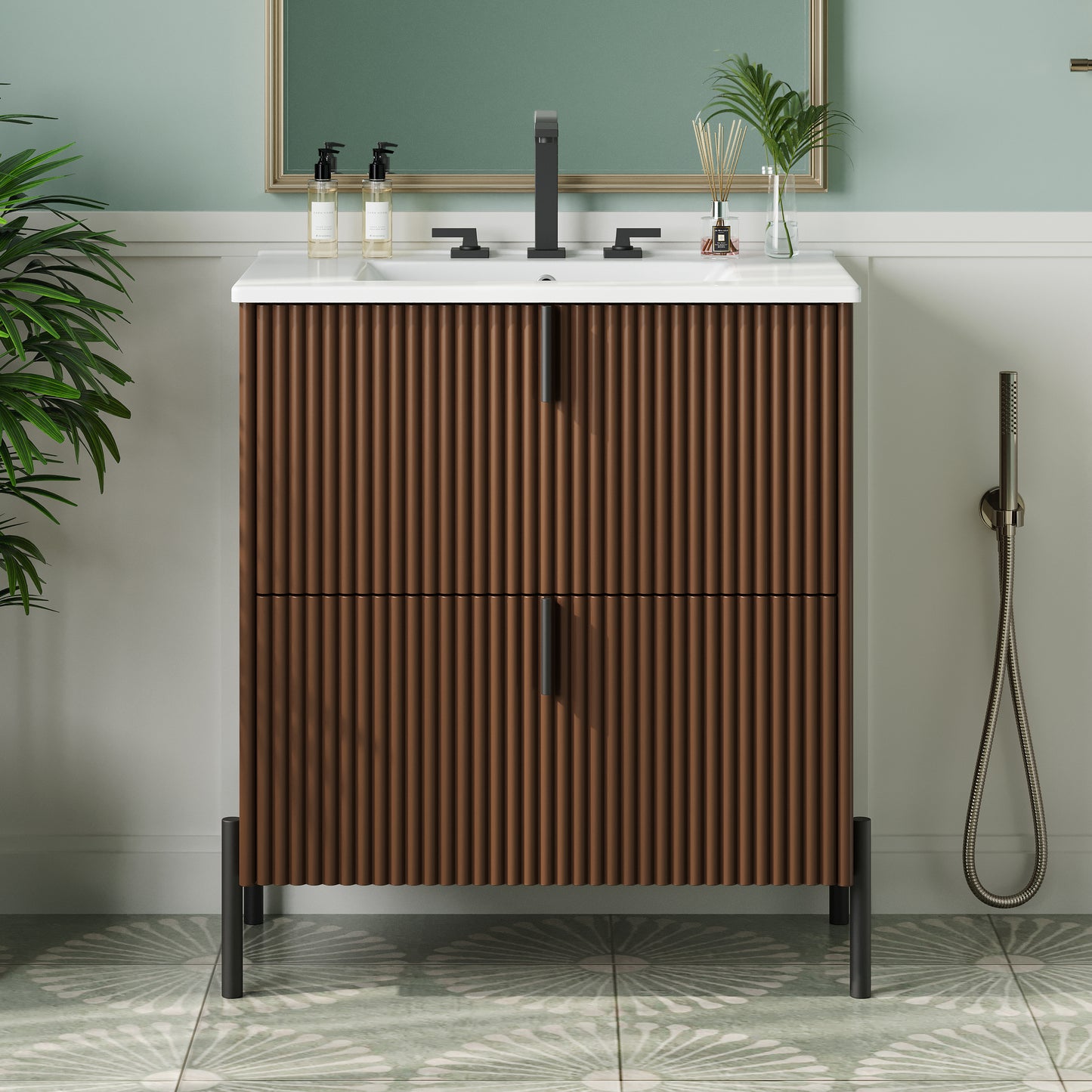 30  Bathroom Vanity With Ceramic Sink, Equipped With Vertical Pulls And Full-Extension Drawers, Freestanding Bathroom Vanity With Soft Close Drawer Slides, Fluted Design, Dark Brown