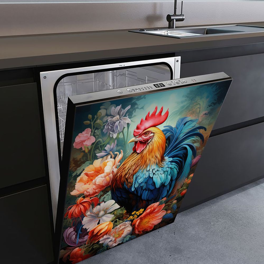 1 Piece 2D Flat Dishwasher Magnet Cover, Rooster And Flowers - Refrigerator Door Sticker, Easy To Clean Appliance Panel Sticker