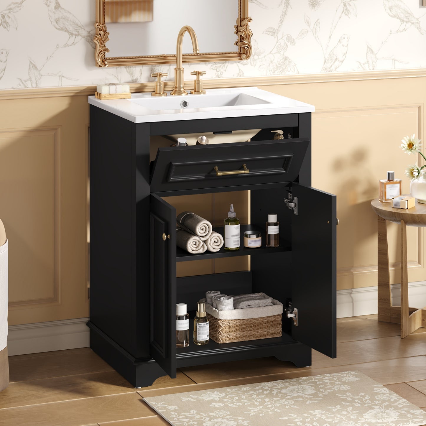 24 Bathroom Vanity With Integrated Ceramic Sink, Bathroom Cabinet With 2 Doors, 1 Tip-Out Drawer, Single Sink Bathroom Vanity For Small And Medium Restroom, Black