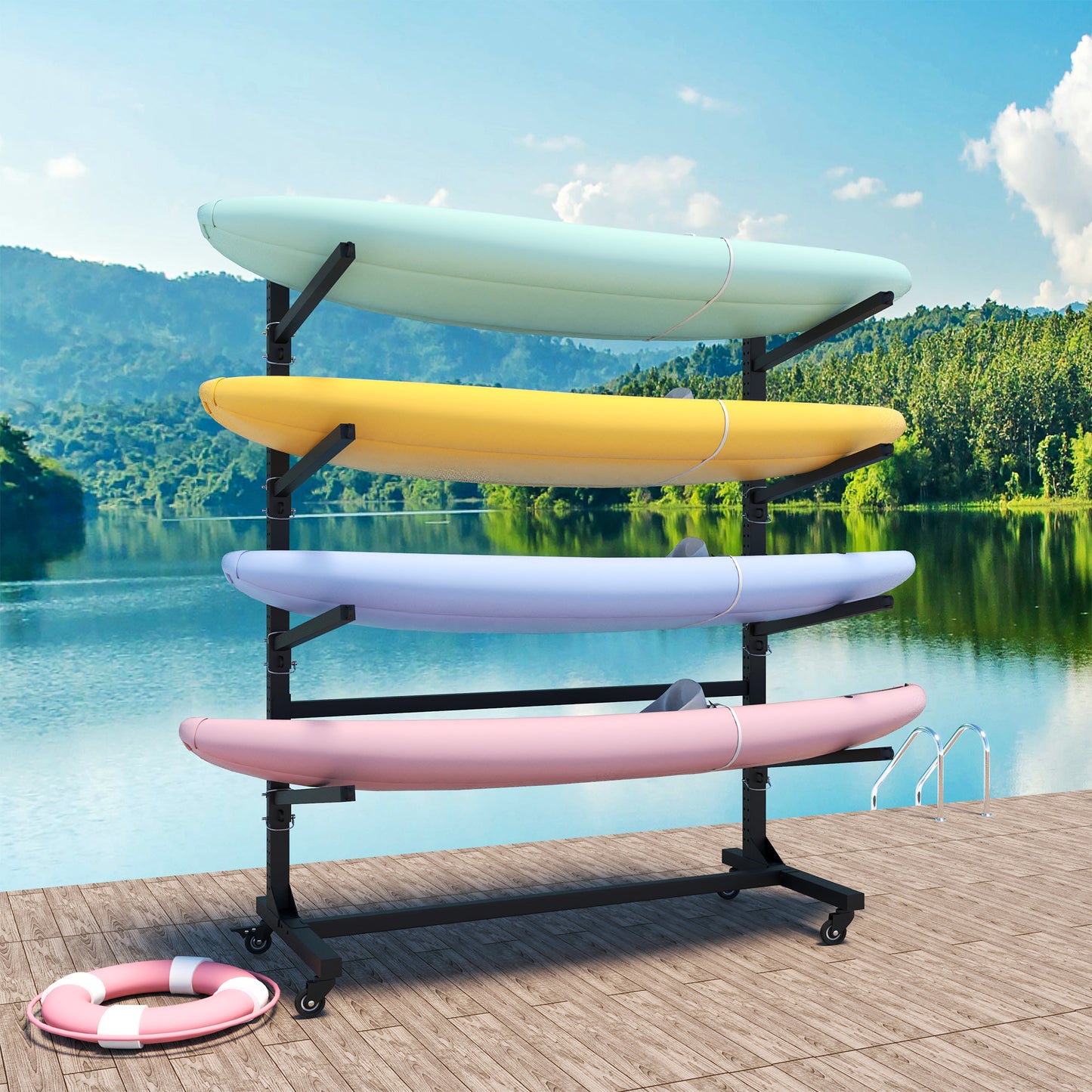 80in H Freestanding Kayak Storage Rack - Holds 4 Kayaks, Heavy-Duty Adjustable Stand With Lockable Wheels For Kayak, Canoe, SUP & Surfboard, 45.87 Wx28.94 Dx80 H