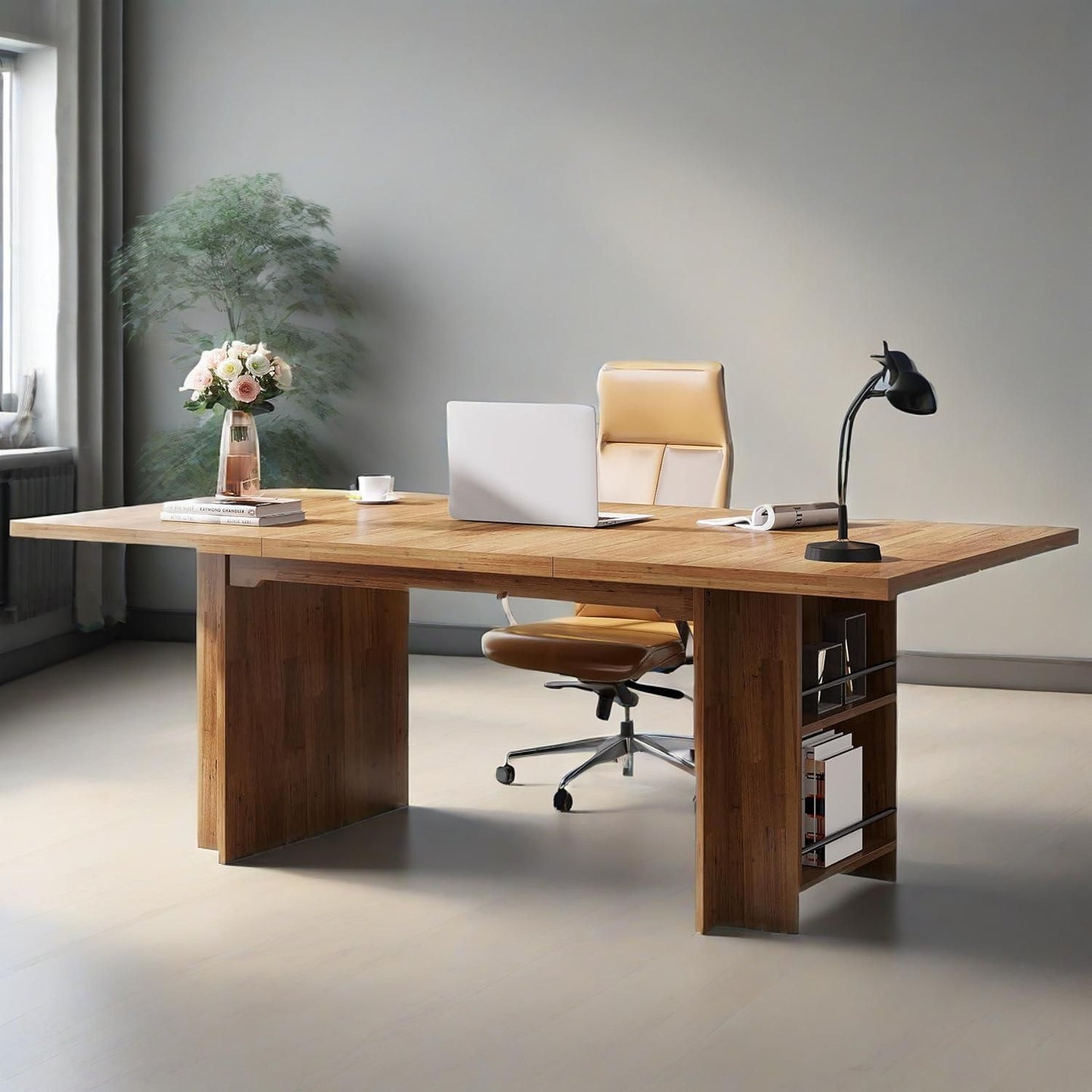 62.99-Inch Computer Desk, Modern Executive Office Desk, Large Long Writing Table With Storage Shelves