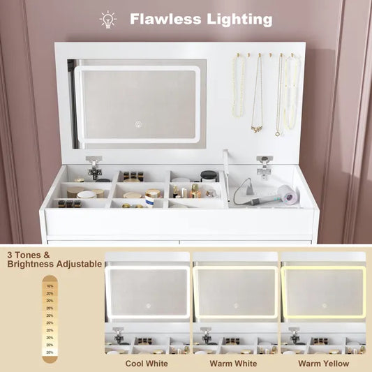 Flip Top Vanity Desk With LED Lighted Mirror & Built-in Outlet - Makeup Vanity Table With 2 Drawers, Open Storage, Hooks For Jewelry (No Stool Included, White)