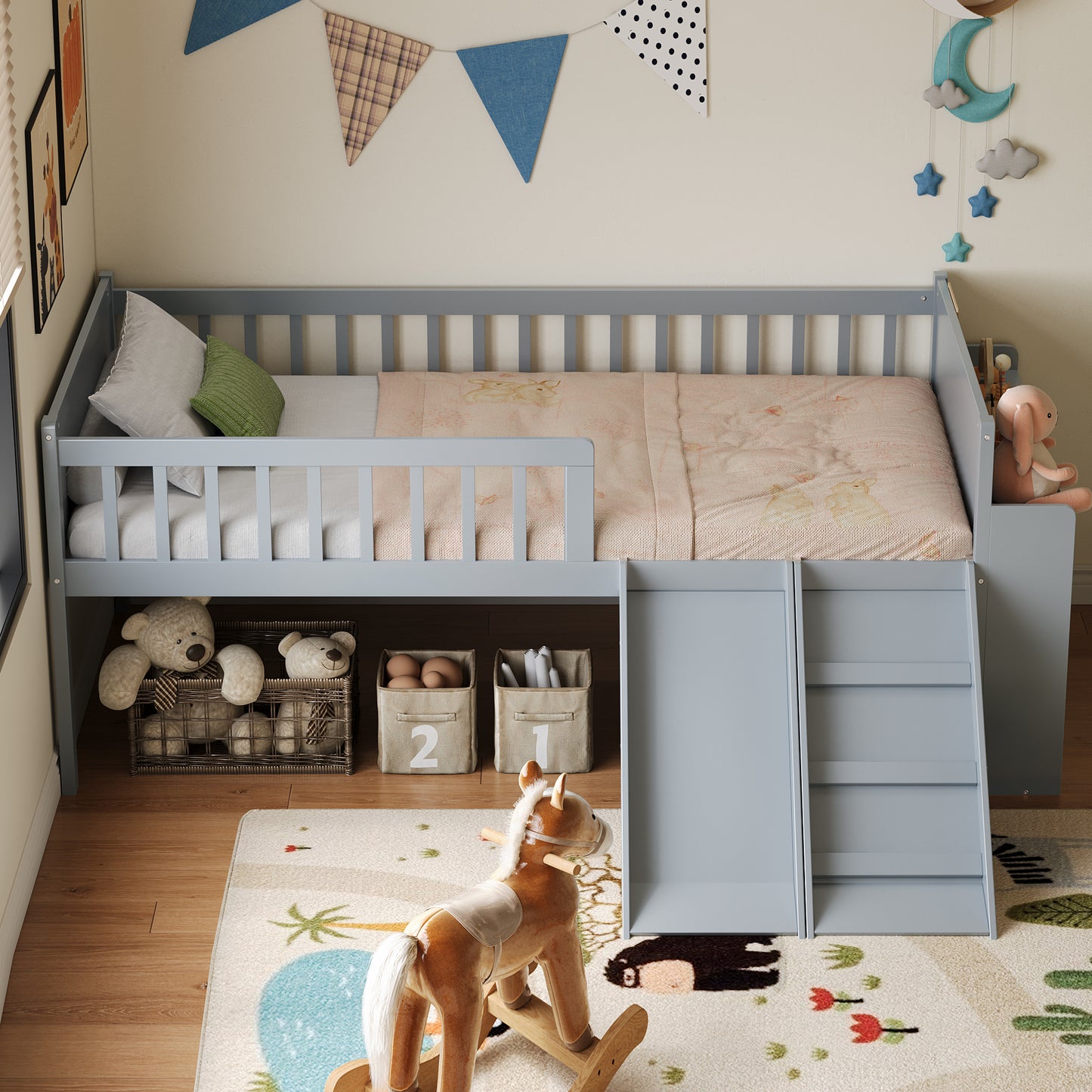 Twin Bed Frame With Storage Shelf, Wooden Bed Frame With Slide And Ladder,Platform Twin Size Bed With Guardrail, No Box Spring Needed, Easy Assembly, Gray