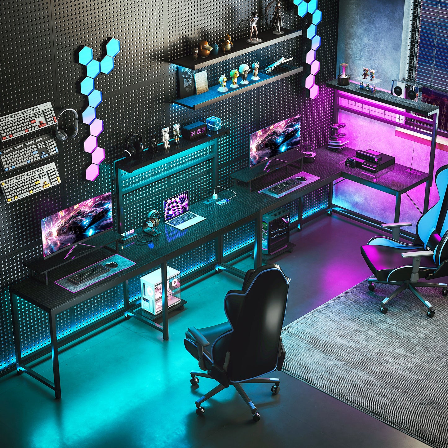 61.6 L Shaped Gaming Desk With Power Outlets & LED Lights, Computer Desk With Monitor Stand And CPU Shelf, Black