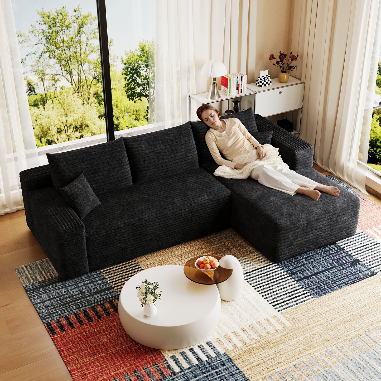 95  Cloud Sectional Sofa,Modern Minimalist Upholstered Couches, Comfort U Shaped Sofa For Living Room,Deep Seat Corner Couch,No Assembly Required,Black  Plush Corduroy Fabric