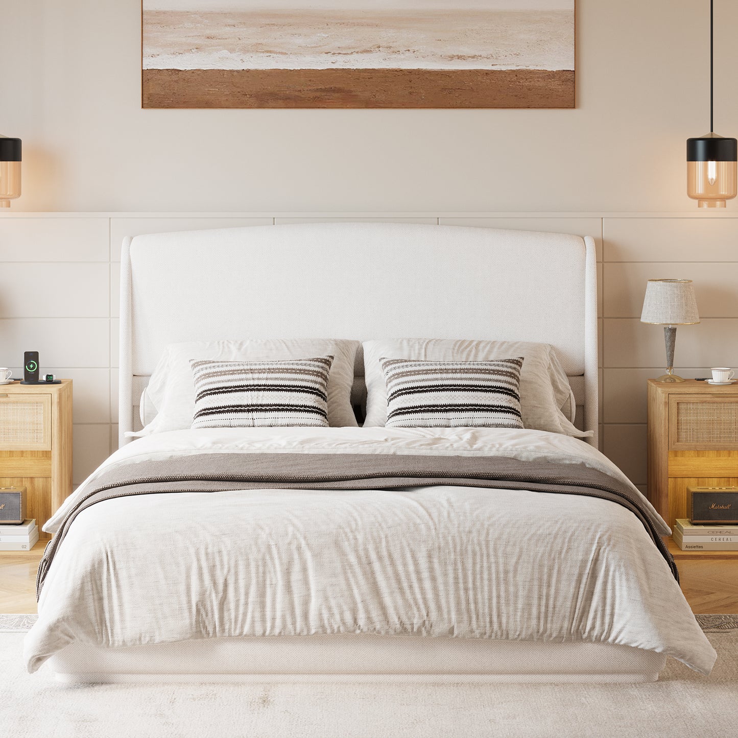 Upholstered Queen Bed Frame With Wingback Headboard, Low Profile Platform Bed With Padded Headboard, No Box Spring Needed, Easy Assembly, Elegant Linen Fabric, Beige