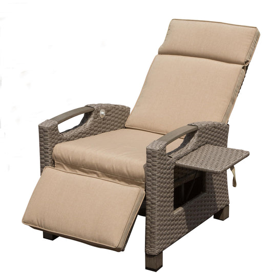Outdoor Recliner Chair, Patio Recliner With Hand-Woven Wicker, Flip Table Push Back, Adjustable Angle, Thickness Cushions, Reclining Lounge Chair For Indoor And Outdoor, Beige