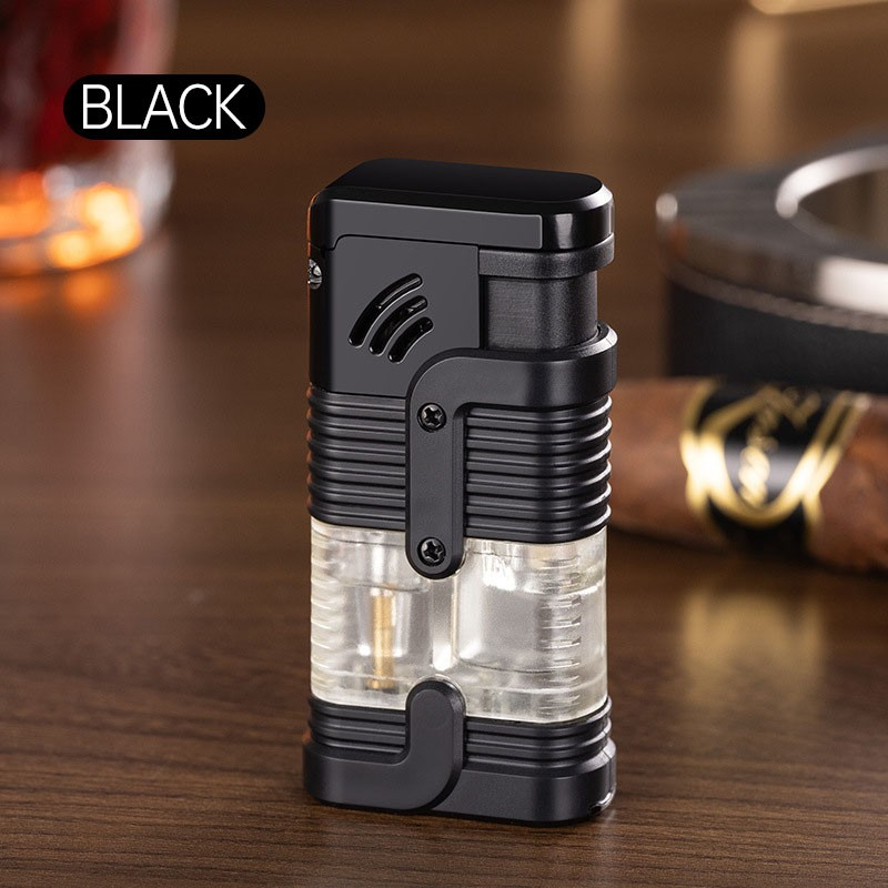 Three Direct-to-cigarette Lighter - Black  Three Nozzle Flames  Butane Torch Igniter  Rechargeable Butane Gas Igniter  Windproof Adjustable  3 Burning Flames  Suitable For Cooking, Camping, Cigar Ligh