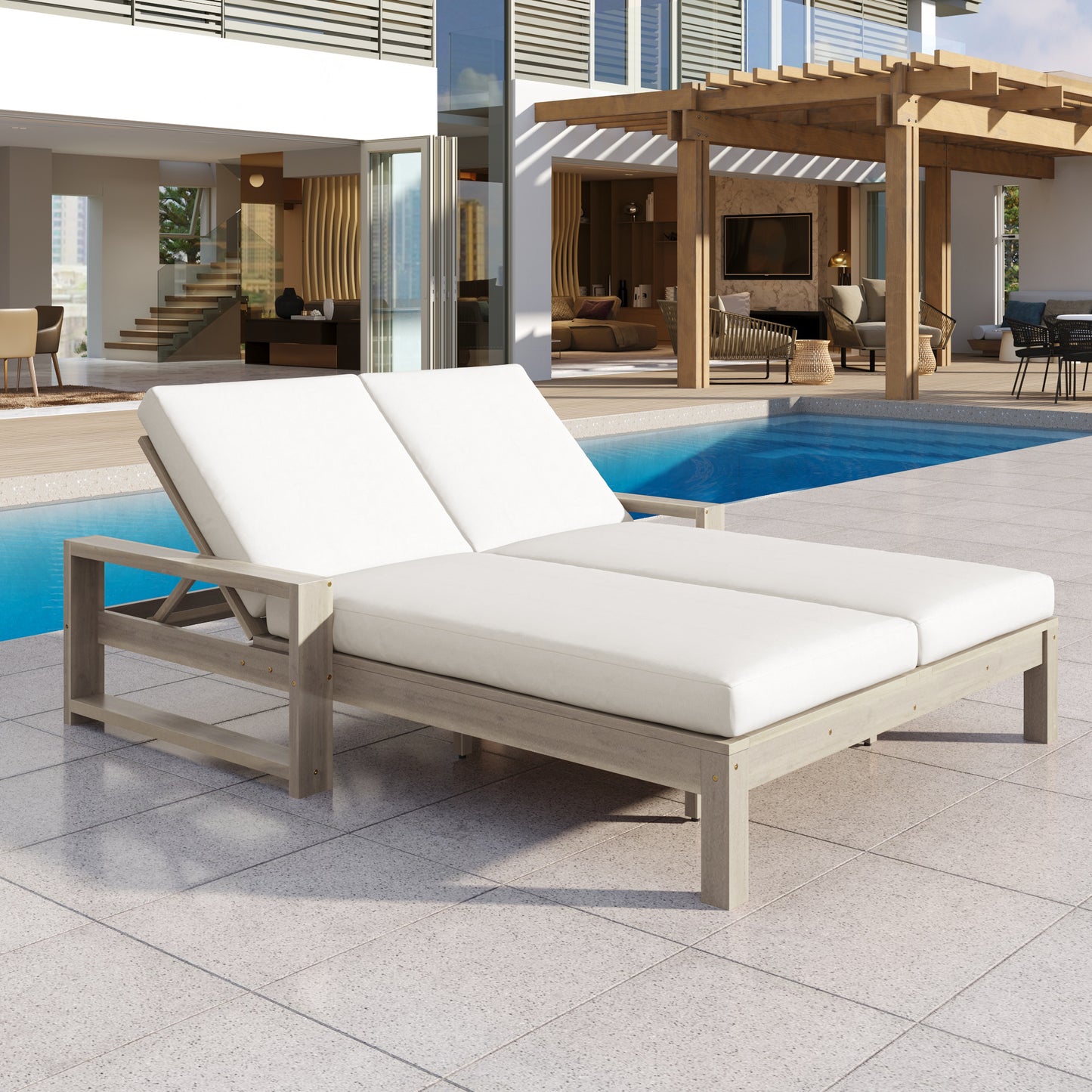 TREXM Outdoor Double Lounge Chair With 5-Position Adjustable Backrest For Each Seat  Wood Patio Chaise Lounge With Removable Cushions For Patio  Poolside  Garden  Grey Beige Cushion