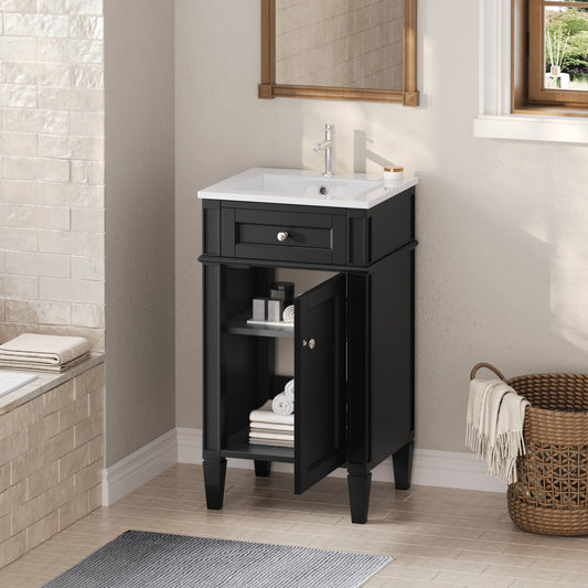 18-inch Bathroom Vanity With Ceramic Sink, Freestanding Single Vanity Set With Soft Closing Door, Adjustable Shelf, French Style, Solid Feet, Black