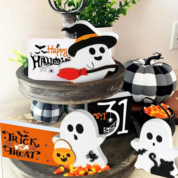 Ute Ghost Halloween Decorations Indoor, Wooden Tiered Tray Decor Table Sign Set Of 3, Black Cat Bat Witch Broom Signs Pumpkin Blocks For Party Home Shelf Display