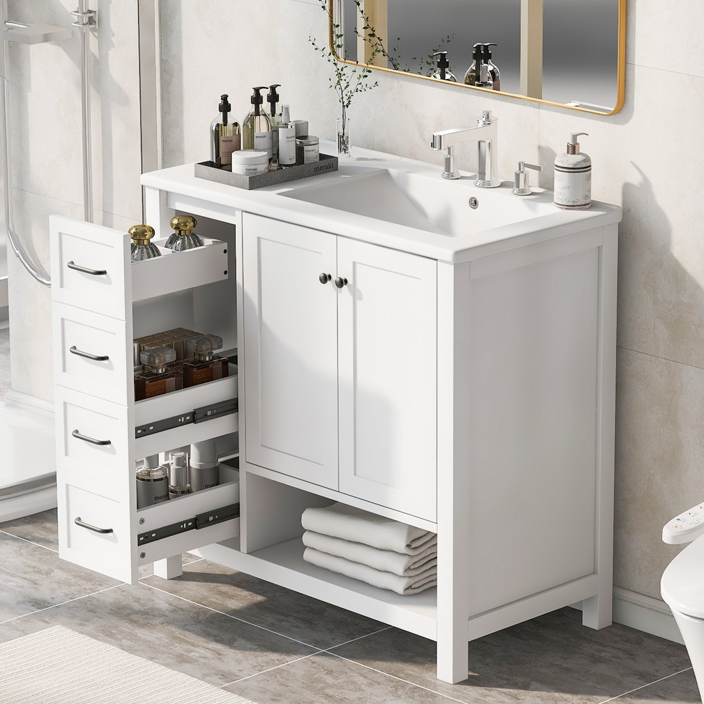 36  Bathroom Vanity With Sink Top, Bathroom Vanity Cabinet With Two Doors And Two Drawers, Solid Wood, Open Shelf, MDF Boards, Two Packages, White  Old Sku N725P245278K N725P364203K