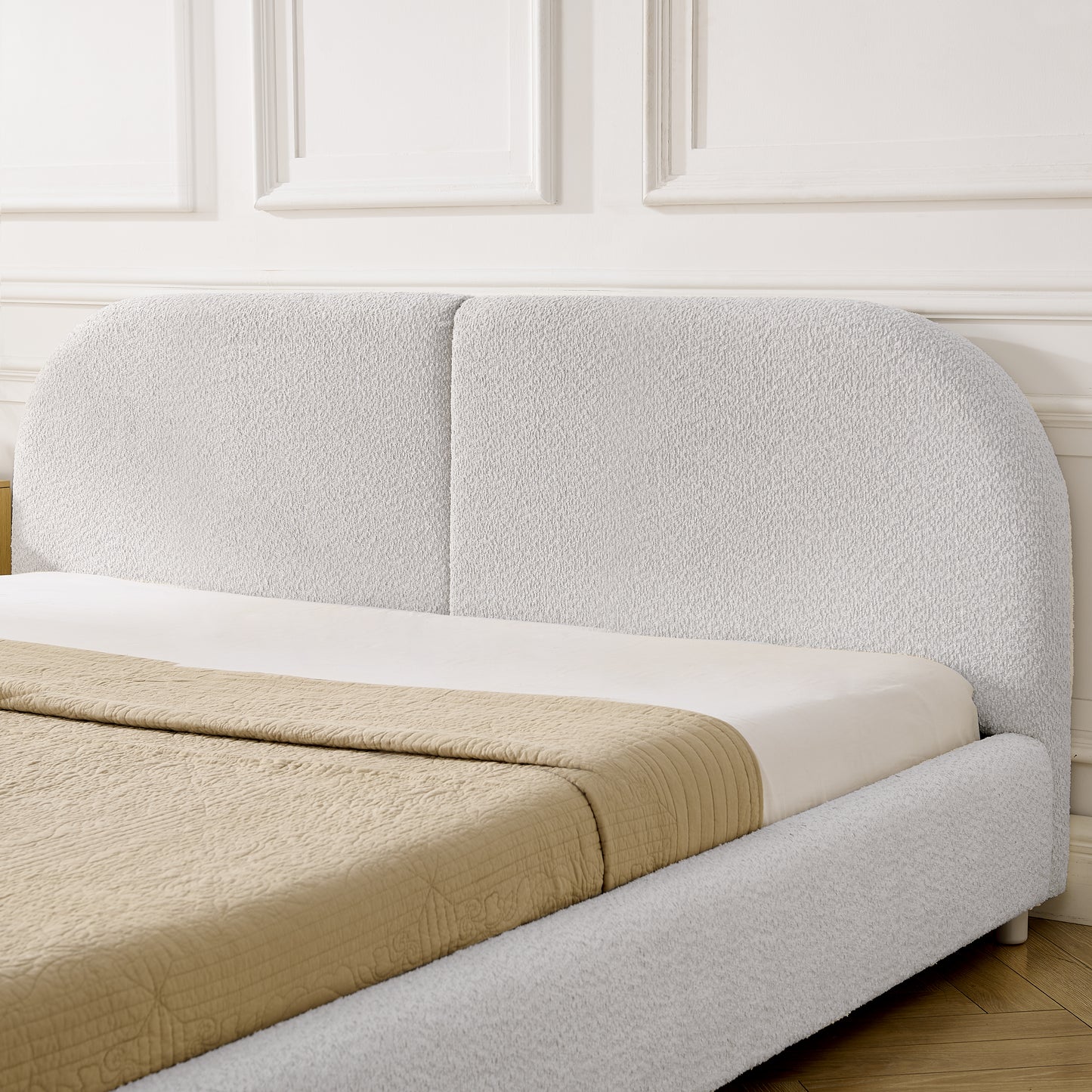Queen Size Upholstered Bed Frame, Modern Minimalist Style With Tall Curved Headboard, Premium Circle Yarn Fabric & Sturdy Leg Support, Mattress Not Included-Beige