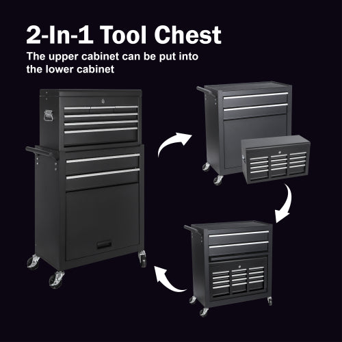 Tool Chest, 8-Drawer Rolling Tool Storage Cabinet With 2 In 1 Detachable Top Tool Box, Liner, Lockable Wheels, Side Hooks, Locking Mechanism, Metal Tool Cart For Garage