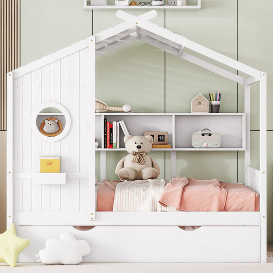 Wooden Full Size House Bed With Trundle, Modern Design For Kids With Storage Shlef, White Old SKU HL000095AAW