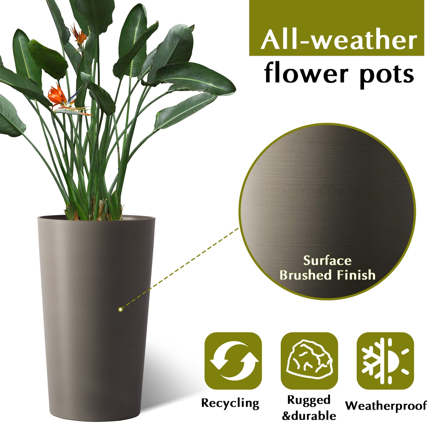 2 Pack Tall 21.7 In Planters For Outdoor Plants Modern Tall Square Planter Box Indoor Outdoor Porch Patio Flower Pot Modern Big Tapered Matte Tree Flower Pot For Garden,  Brown