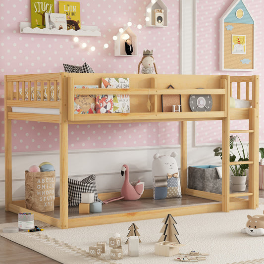 Low Twin Over Twin Bunk Bed, Floor Bunk Bed With Ladder, Solid Wood Twin Bunk Bed For Kids & Juniors, NaturalExpect Arrival Date 2025 11 25