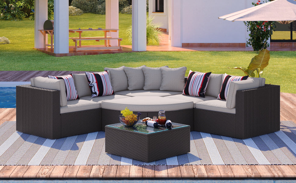 GO 7-piece Outdoor Wicker Sofa Set, Rattan Sofa Lounger, With  Colorful Pillows, Conversation Sofa, For Patio, Garden, Deck, Brown Wicker