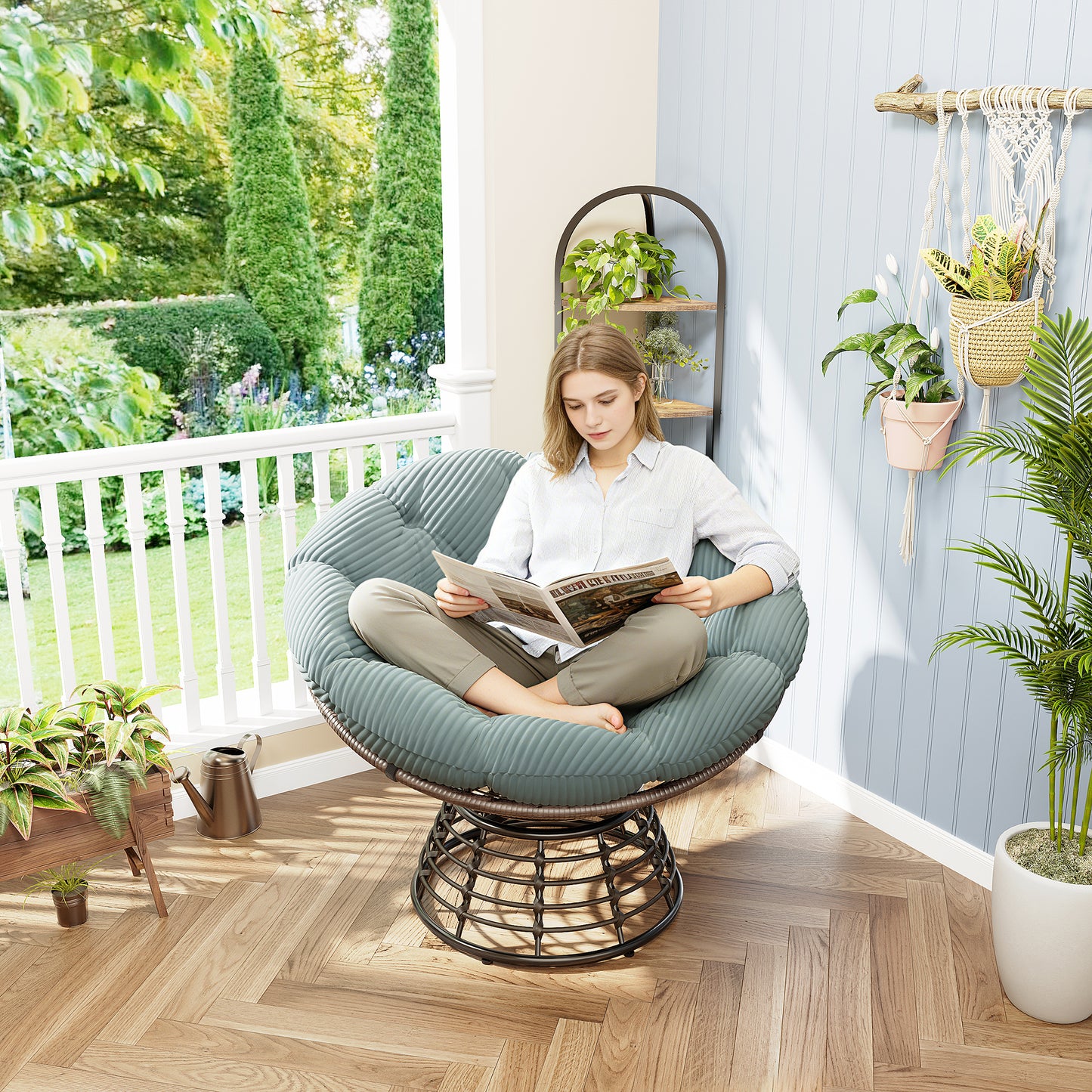 Comfortable Ergonomic Wicker Papasan Chair, 360 Swivel Indoor Outdoor Rattan Chair With Soft Thick Cushion, Ideal For Living Room, Bedroom, Reading Room, Brown Frame With Light Green Cushion